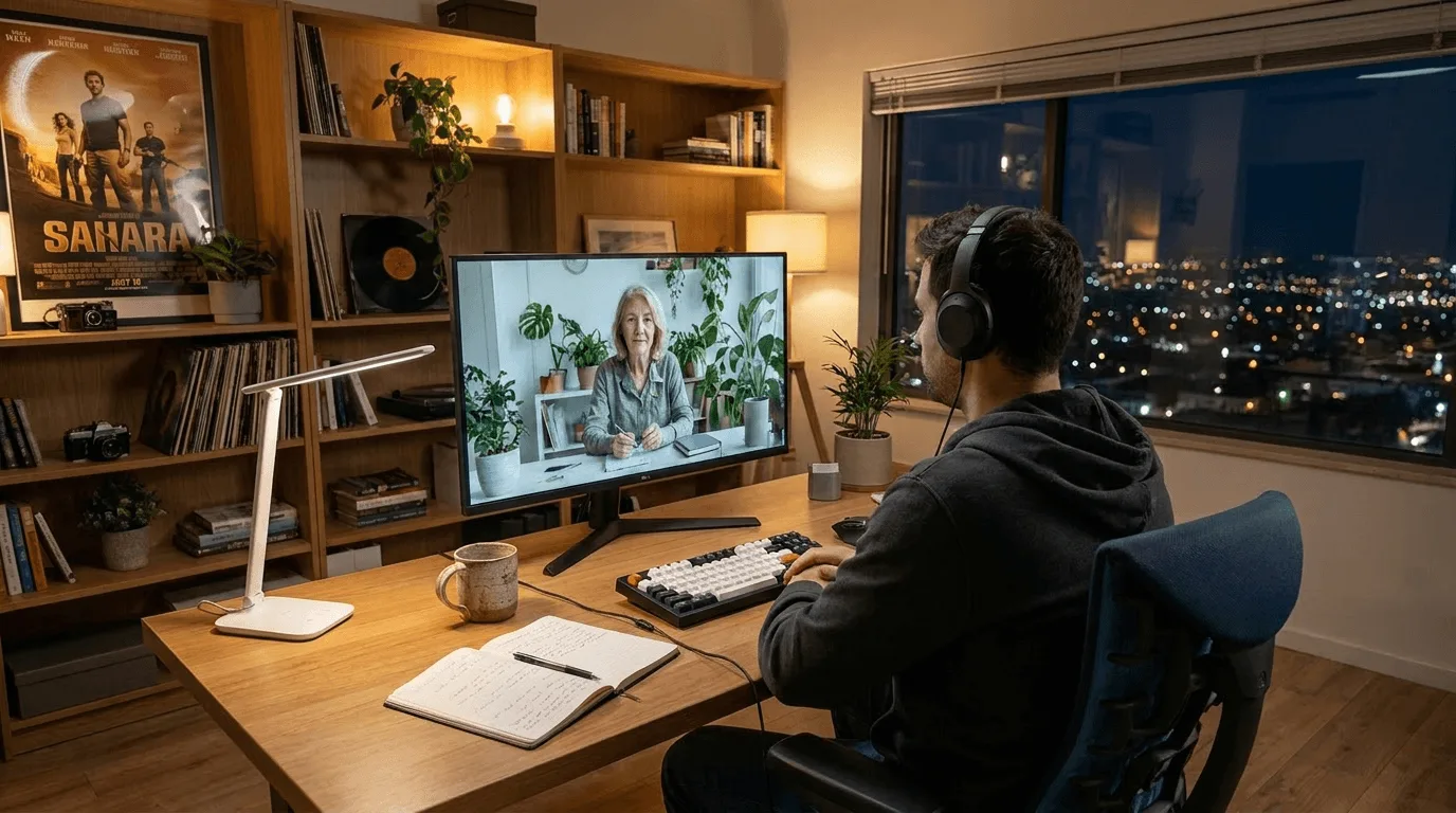 A man wearing headphones at his home desk at night, in a video session with a warm, attentive AI companion on his screen