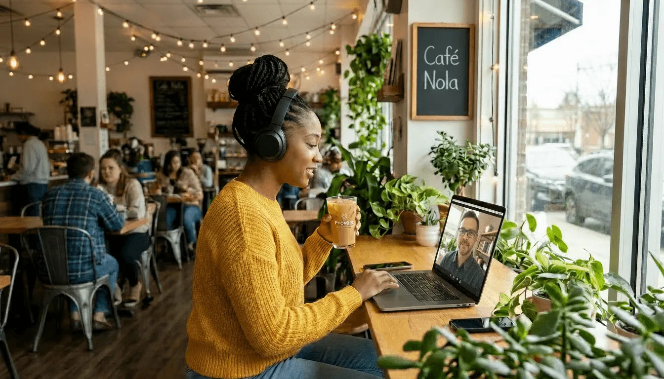 A smiling woman with headphones at a cozy café, having a video session with her AI companion on a laptop