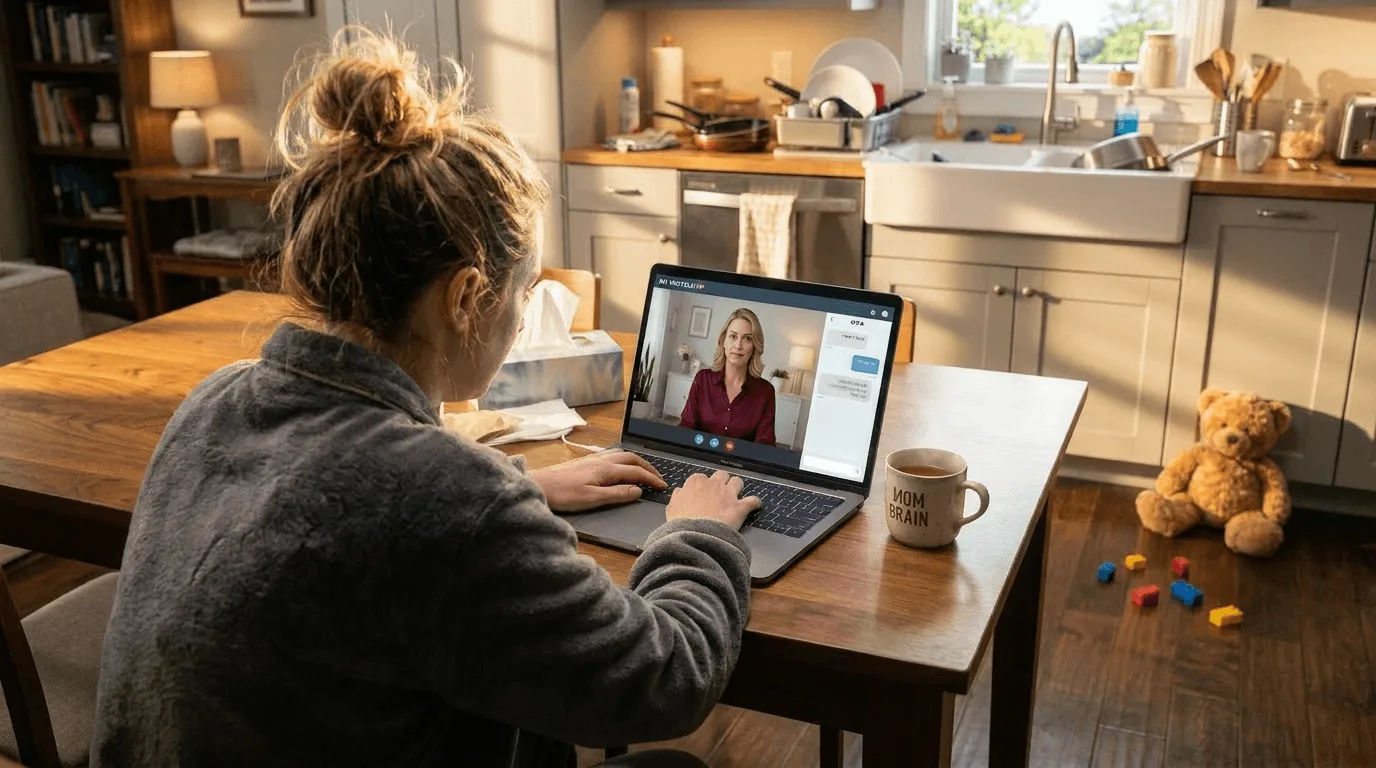 A young mother in a cozy robe at her kitchen table in the morning, taking a quiet moment for a video session with her AI companion before the day's chores