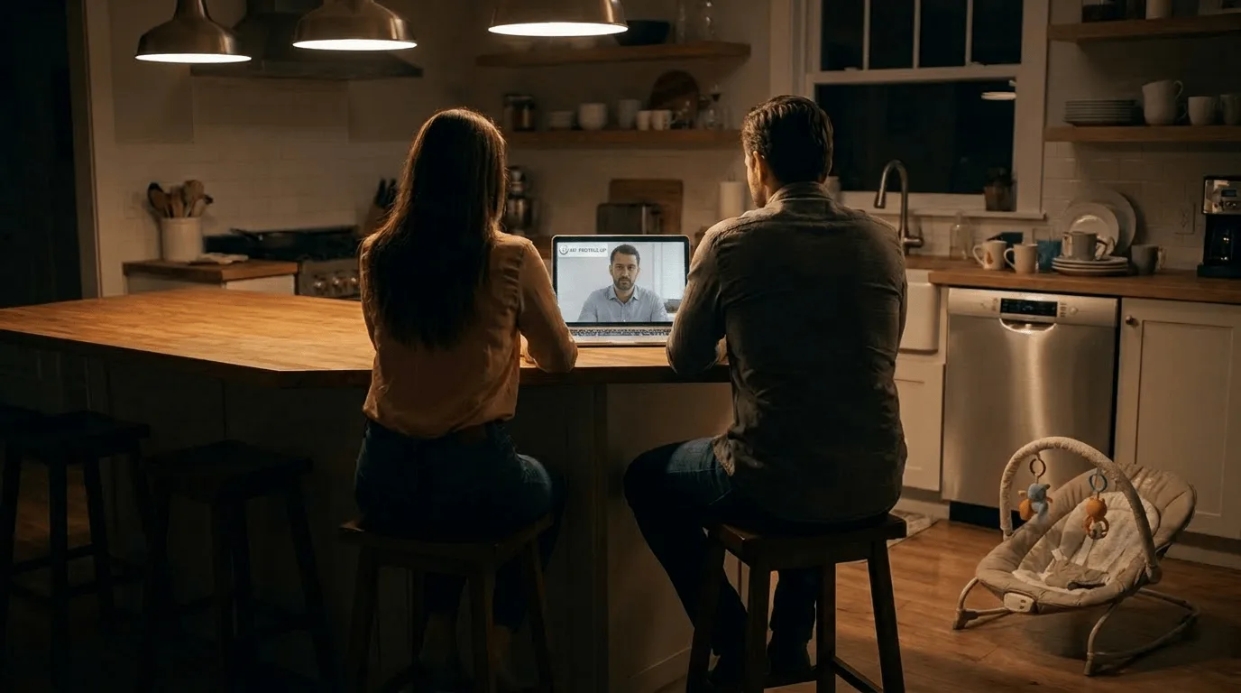A couple sitting together in their kitchen in the evening, sharing a video session with an AI companion on a laptop